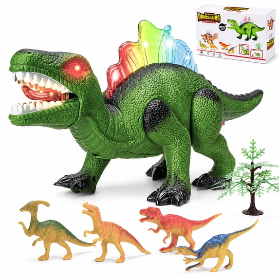 Zacro Light-up Walking Dinosaur Toy for Kids, 12 inch Electronic Dinosaur with Roaring Sound, Walking & Light Up Dinosaur Toys with 4 Dino Figures, Gift for Boys Girls Age 3-7 - Green