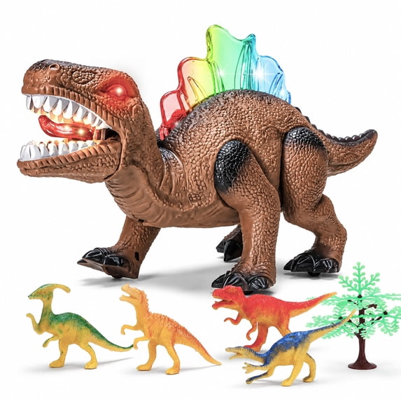 Zacro Light-up Walking Dinosaur Toy for Kids, 12 inch Electronic Dinosaur with Roaring Sound, Walking & Light Up Dinosaur Toys with 4 Dino Figures, Gift for Boys Girls Age 3-7 - Brwon