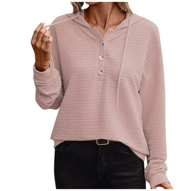 Light-weight Hoodies Womens Fall Savings Casual Comfy Polyester Solid Hooded Sweatshirt 1/4 Button Pullover Top (XL, Pink)