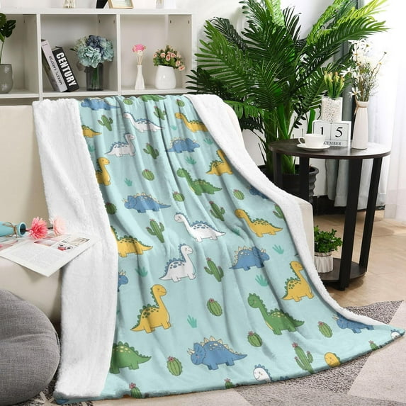 LightBlue Cartoon Dinosaurs Cacti Pattern Blanket,Comfortable Soft Flannel Throw Blanket,All Season,Warm Lightweight Blankets for Sofa Bed Couch Living Room Chair,60"x80"