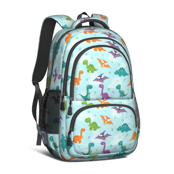 LightBlue Cartoon Dinosaurs Geometric Cute School Backpack Bag with Padded Back and Adjustable Shoulder Straps 16.9 X 12.6 X 5.9 Inches