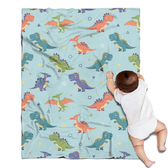LightBlue Cartoon Dinosaurs Geometric Pattern Blanket,Comfortable Soft Flannel Throw Blanket,All Season,Warm Lightweight Blankets for Sofa Bed Couch Living Room Chair,30"x40"