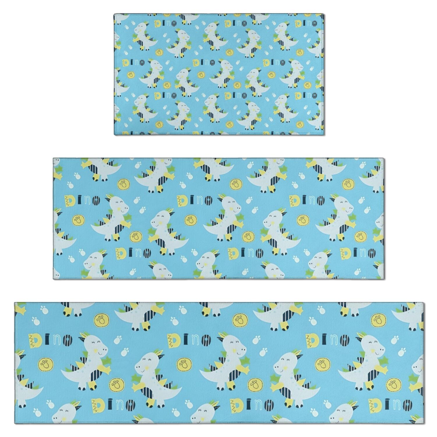 LightBlue Cartoon Dinosaurs Pattern Kitchen Rugs Sets Of 3,Kitchen ...