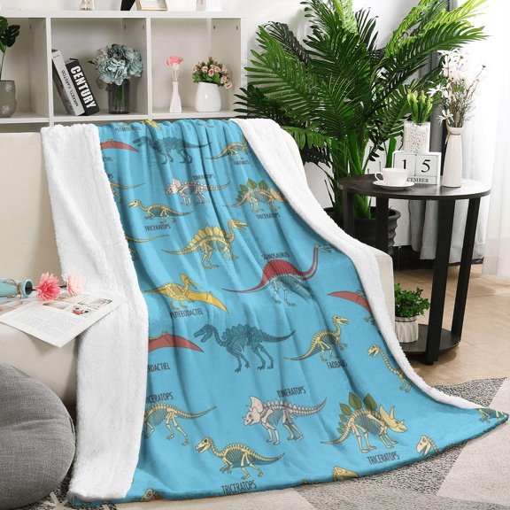 LightBlue Cartoon Dinosaurs Skeletons Pattern Blanket,Comfortable Soft Flannel Throw Blanket,All Season,Warm Lightweight Blankets for Sofa Bed Couch Living Room Chair,50"x60"