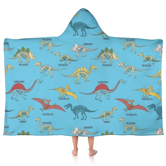 LightBlue Cartoon Dinosaurs Skeletons Pattern Hooded Bath Towel,50"x30" for Ages 3 To 12 Kids, Quick Dry Lightweight Soft Microfiber Hood Beach Towel Cover Up for Kids
