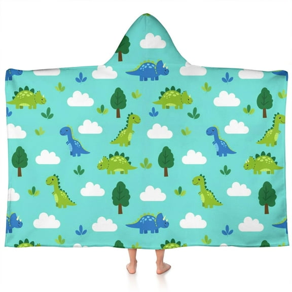 LightBlue Cartoon Dinosaurs Trees Clouds Pattern Hooded Bath Towel,60"x35" for Ages 3 To 12 Kids, Quick Dry Lightweight Soft Microfiber Hood Beach Towel Cover Up for Kids