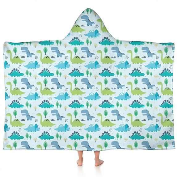 LightBlue Cartoon Dinosaurs Trees Pattern Hooded Bath Towel,60"x35" for Ages 3 To 12 Kids, Quick Dry Lightweight Soft Microfiber Hood Beach Towel Cover Up for Kids