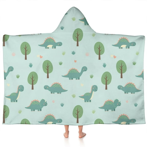 LightBlue Cartoon Dinosaurs Trees Pattern Hooded Bath Towel,60"x35" for Ages 3 To 12 Kids, Quick Dry Lightweight Soft Microfiber Hood Beach Towel Cover Up for Kids