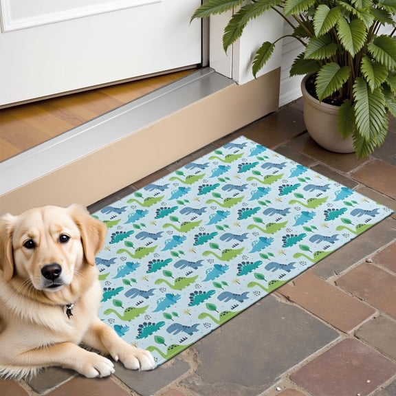 LightBlue Cartoon Dinosaurs Trees Stars Pattern Door Rugs,Washable Non Slip Door Mats Indoor,Decorative Door Mats,Entry Mat Indoor for Entrance,Bedroom,Kitchen,Bathroom,16"x24"
