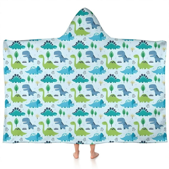 LightBlue Cartoon Dinosaurs Trees Stars Pattern Hooded Bath Towel,60"x35" for Ages 3 To 12 Kids, Quick Dry Lightweight Soft Microfiber Hood Beach Towel Cover Up for Kids