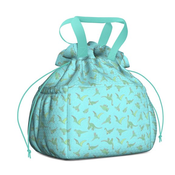 LightBlue Cartoon Dinosaurs VariedShapes Pattern Drawstring Lunch Bag Women - Drawstring Lunch Bag Insulated for Work Office - Stain-Resistant Large Lunchbags for Women with Multi-Pockets