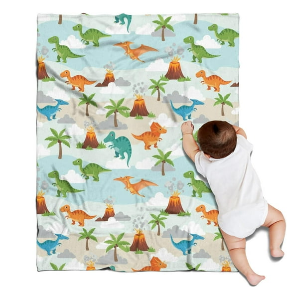 LightBlue Cartoon Dinosaurs Volcanoes Palms Patter Blanket,Comfortable Soft Flannel Throw Blanket,All Season,Warm Lightweight Blankets for Sofa Bed Couch Living Room Chair,30"x40"