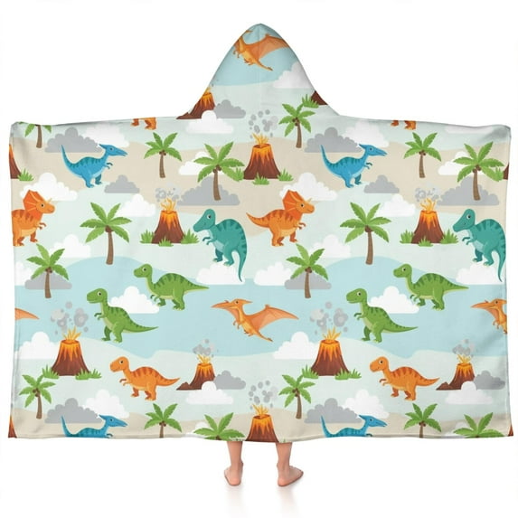 LightBlue Cartoon Dinosaurs Volcanoes Palms Patter Hooded Bath Towel,60"x35" for Ages 3 To 12 Kids, Quick Dry Lightweight Soft Microfiber Hood Beach Towel Cover Up for Kids