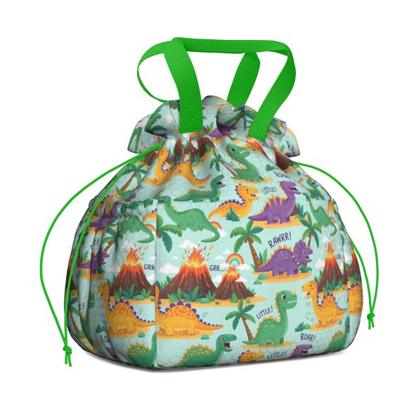 LightBlue Cartoon Dinosaurs Volcanoes Pattern Drawstring Lunch Bag Women - Drawstring Lunch Bag Insulated for Work Office - Stain-Resistant Large Lunchbags for Women with Multi-Pockets