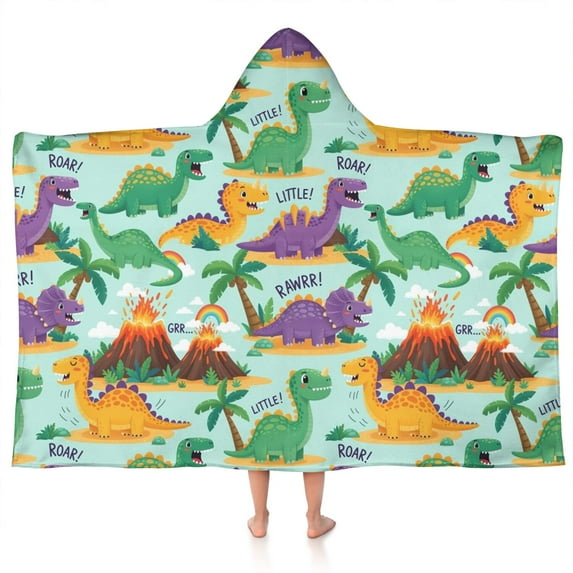 LightBlue Cartoon Dinosaurs Volcanoes Pattern Hooded Bath Towel,50"x30" for Ages 3 To 12 Kids, Quick Dry Lightweight Soft Microfiber Hood Beach Towel Cover Up for Kids