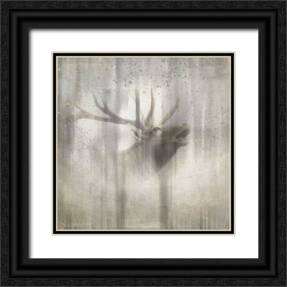 LightBoxJournal 15x15 Black Ornate Wood Framed with Double Matting Museum Art Print Titled - Antique Wildlife Elk 2