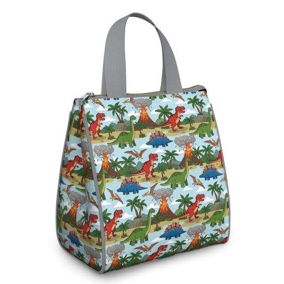 LightColor Dinosaurs Volcanoes Pattern Insulated Lunch Bag for Women & Adults,Large Portable Soft Cooler Lunch Bag,Thermal Food Storage Tote with Pearl Cotton,8.66L,8.75x5.75x9.5 Inch