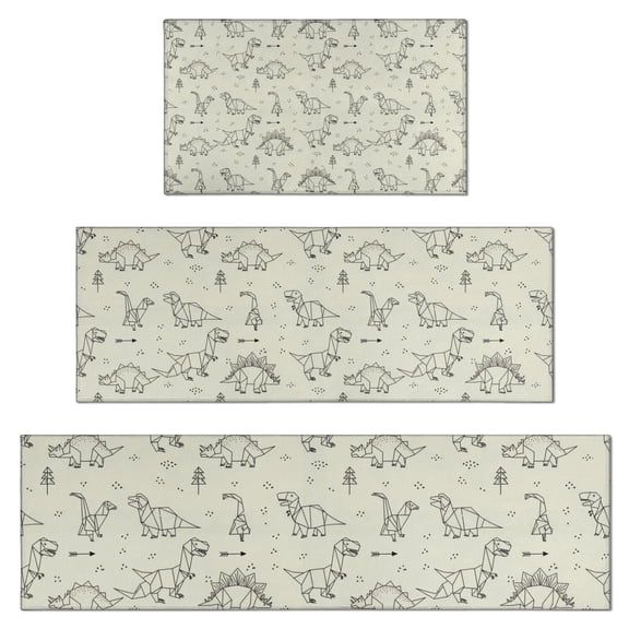 LightColor Origami Dinosaurs Pattern Kitchen Rugs Sets Of 3,Kitchen Runner Rugs Non Skid Washable,Decorative Kitchen Floor Mats for Kitchen,Sink,Laundry,17"x30"+ 17"x47" + 17"x59"