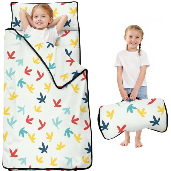 LightColorful BirdsFootprints Pattern Teens Toddler Nap Mat with Pillow, Sleeping Mat Bag for Preschool Daycare 50"x20"