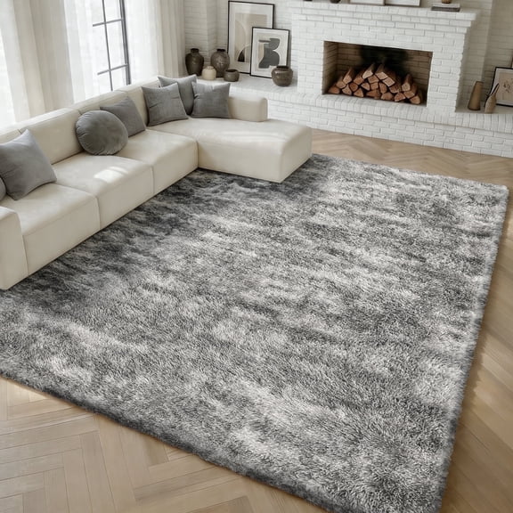 Pentantan 5ft x 8ft Shag Area Rug, Soft Fluffy Rugs for Living Room Bedroom, Modern Tie-dye Home Carpet, Light Gray