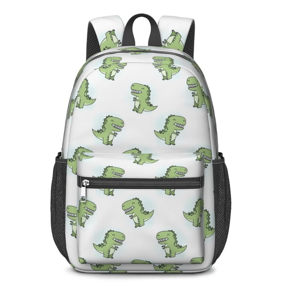 LightGreen Cartoon Dinosaurs Pattern 17" Waterproof Oxford School Backpacks for Teens, S-Shape Padded Straps, for School, Travel, Hiking, Camping