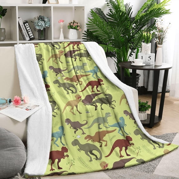 LightGreen Cartoon Dinosaurs Prehistoric Pattern Blanket,Comfortable Soft Lamb Wool Throw Blanket,All Season,Warm Lightweight Blankets for Sofa Bed Couch Living Room Chair,50"x60"