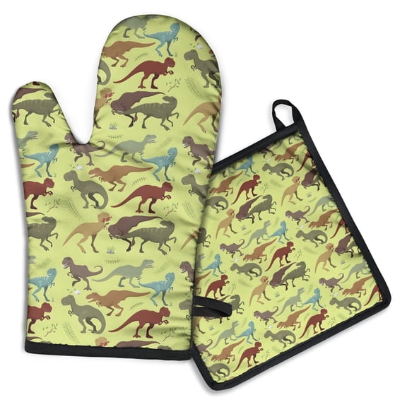 LightGreen Cartoon Dinosaurs Prehistoric Pattern Kitchen Oven Mitt and Pot Holder Sets 2 Pcs for Baking, Cooking and Grilling, Heat Resistant Up To 392 °F