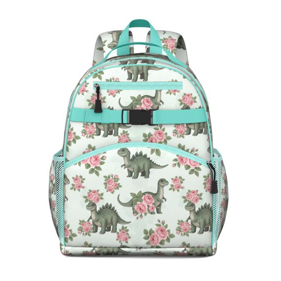 LightGreen Dinosaurs Floral Pattern Backpack for School,Cute School Bag,Schoolbag with Adjustable Shoulder Straps & Padded Back,15.25"x11.5"x5.25"
