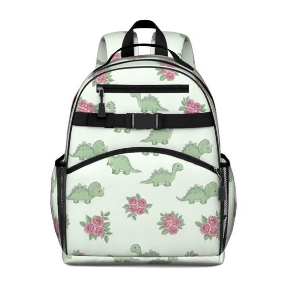 LightGreen Dinosaurs Floral Pattern Cute School Backpack Bag for School with Padded Back and Adjustable Shoulder Straps 15.25"x11.5"x5.25"