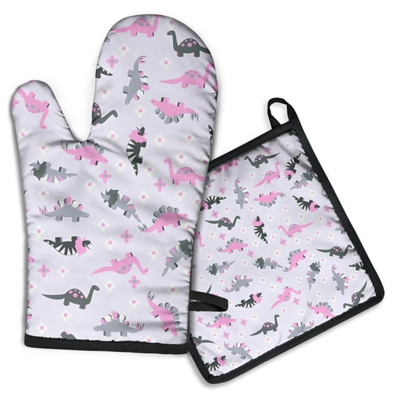 LightPurple Dinosaurs Flowers Pattern Kitchen Oven Mitt and Pot Holder Sets 2 Pcs for Baking, Cooking and Grilling, Heat Resistant Up To 392 °F