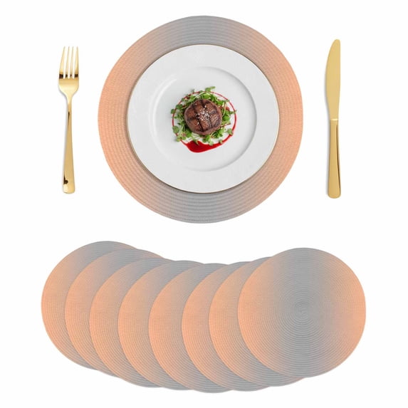 LightSalmon Gray Ombre Round 13 Inch Placemats Set of 8, Modern Gradient Abstract Art HeatResistant Non Slip Place Mats for Dining Table, Wipeable Braided Kitchen Table Mats for Housewarming