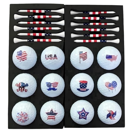 Lightahead Patriotic Golf Balls Set – 12 USA Flag Design Practice Balls with 12 Red, White & Blue Tees, Fun Putting & Training Balls for Golfers, Gift Idea