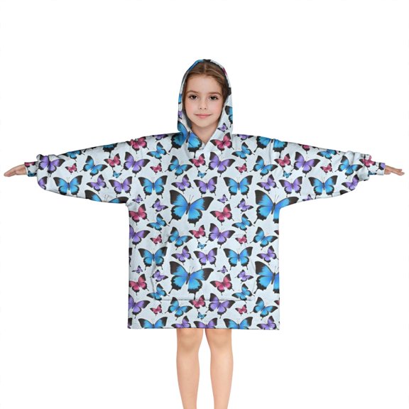 Lightblue Butterfly Pattern Blanket Hoodies for Kids 6-13YR Oversize Wearable Blanket Hoodies for Boys Girls Teens