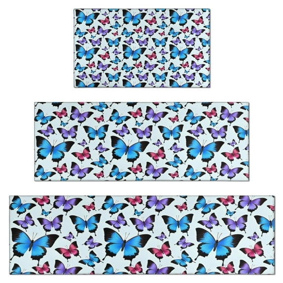 Lightblue Butterfly Pattern Kitchen Rugs Sets Of 3,Kitchen Runner Rugs Non Skid Washable,Decorative Kitchen Floor Mats for Kitchen,Sink,Laundry,17"x30"+ 17"x47" + 17"x59"