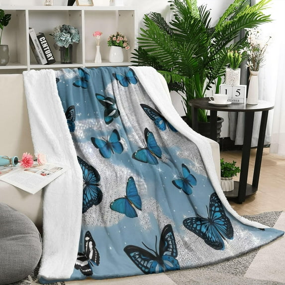 Lightblue Butterfly Sparkle Pattern Blanket,Comfortable Soft Flannel Throw Blanket,All Season,Warm Lightweight Blankets for Sofa Bed Couch Living Room Chair,50"x60"