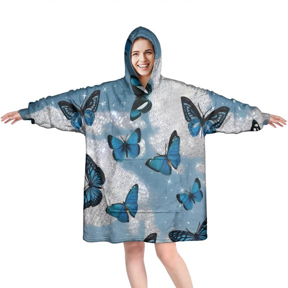Lightblue Butterfly Sparkle Pattern Wearable Oversized Blanket,Wearable Blanket Hoodie for Adults,Cozy Hooded Blankets with Super Pockets,Super Warm Fuzzy Pullover for Women & Men