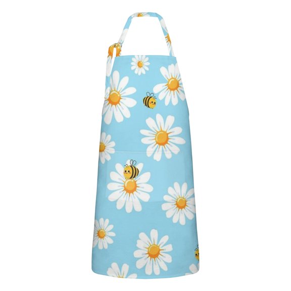 Lightblue Daisy Flower Bees Pattern Apron-Garden Aprons for Women with Pockets-Cotton Linen Waterproof Kitchen Cooking Gardening Aprons Adjustable for Kitchen,Cooking,BBQ and Salon 33x27 Inch