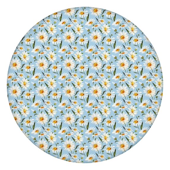 Lightblue Daisy Flower Green Dots Pattern Round Fitted Tablecloth with Elastic Edge,Dining Table Cover Waterproof,Outdoor Round Tablecloth for Camping,Dining,Indoor and Outdoor