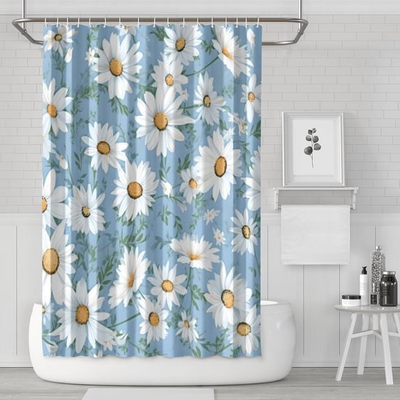 Lightblue Daisy Flower Green Leaves Pattern Shower Curtain 72"x72" ,Bathroom Decorative Shower Curtains Set with 12 Hooks,Modern Waterproof Washable Shower Curtain