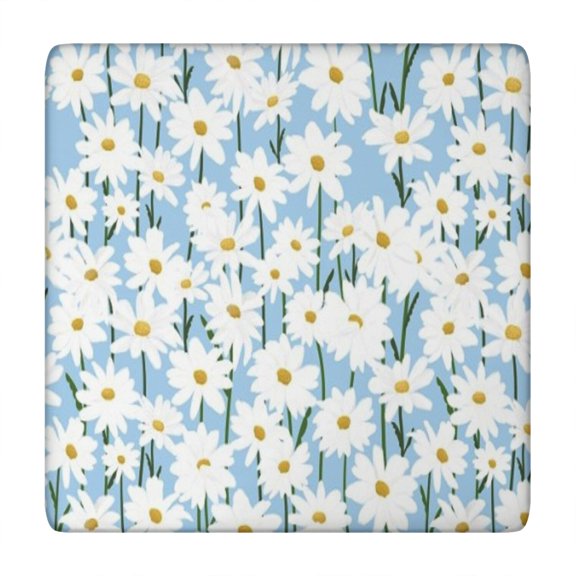 Lightblue Daisy Flower Green Stems Pattern Square Fitted Tablecloth with Elastic Edge,Square Table Cover,Washable Elastic Table Cover for Home Kitchen Party Decor 34"x34"