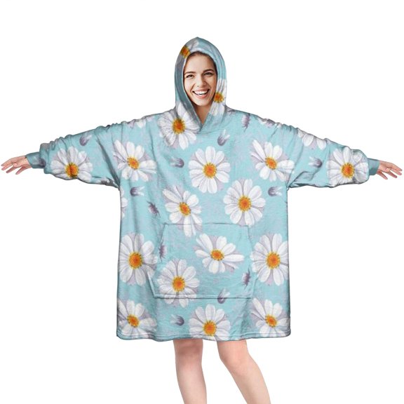 Lightblue Daisy Flower Purple Petals Pattern Wearable Oversized Blanket,Wearable Blanket Hoodie for Adults,Cozy Hooded Blankets with Super Pockets,Super Warm Fuzzy Pullover for Women & Men