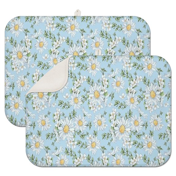 Lightblue Daisy Flower Small Flowers Pattern Dish Drying Mat for Kitchen 1 Pack, Ultra Absorbent Microfiber Dishes Drainer Mats,18"x24"