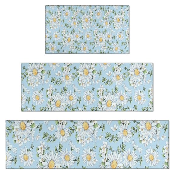 Lightblue Daisy Flower Small Flowers Pattern Kitchen Rugs Sets Of 3,Kitchen Runner Rugs Non Skid Washable,Decorative Kitchen Floor Mats for Kitchen,Sink,Laundry,17"x30"+ 17"x47" + 17"x59"