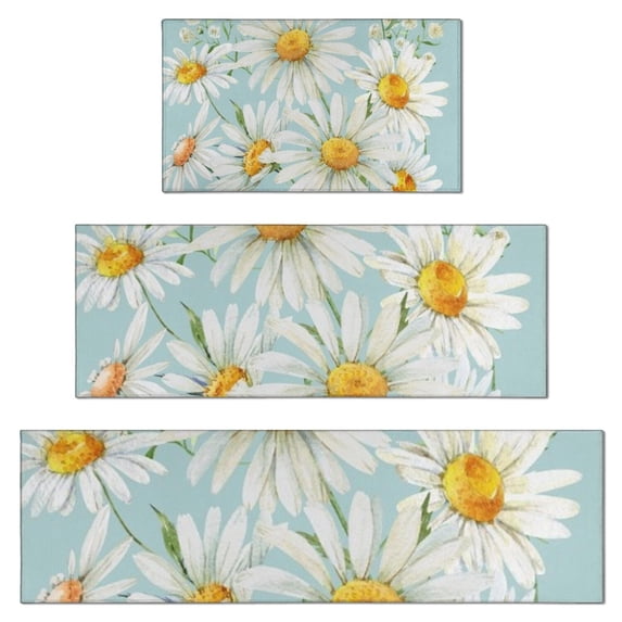 Lightblue Daisy Flower Watercolor Pattern Kitchen Rugs Sets Of 3,Kitchen Runner Rugs Non Skid Washable,Decorative Kitchen Floor Mats for Kitchen,Sink,Laundry,17"x30"+ 17"x47" + 17"x59"