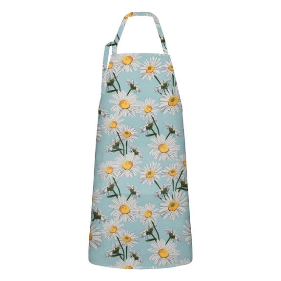 Lightblue Daisy Flower Yellow Centers Apron-Garden Aprons for Women with Pockets-Cotton Linen Waterproof Kitchen Cooking Gardening Aprons Adjustable for Kitchen,Cooking,BBQ and Salon 33x27 Inch