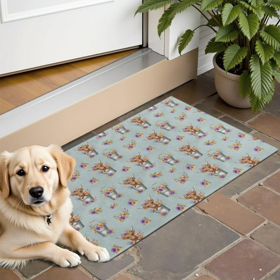 Lightblue Highland Cow Flower Bucket Pattern Door Rugs,Washable Non Slip Door Mats Indoor,Decorative Door Mats,Entry Mat Indoor for Entrance,Bedroom,Kitchen,Bathroom,16"x24"