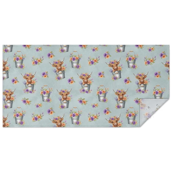 Lightblue Highland Cow Flower Bucket Pattern Rectangle Tablecloth 60"x120",Waterproof Polyester Rectangle Table Cloth, Wipeable Spillproof Polyester Tablecloth for Dining, Camping, Indoor and Outdoor