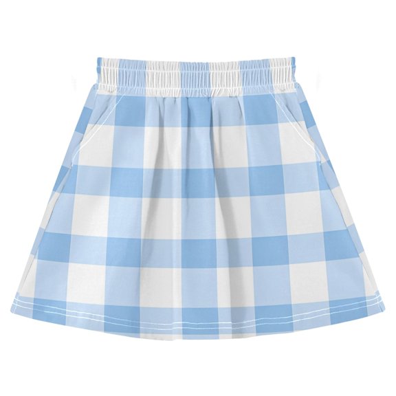 Lightbluewhitecheck Pattern Cotton Skirt Built-in Liner Elastic A-Line Flared Skirt with Pockets