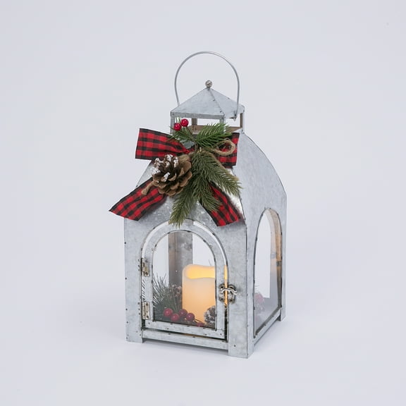 Lighted 13.5 in H Battery Operated Lighted Galvanized Metal Holiday House Lantern