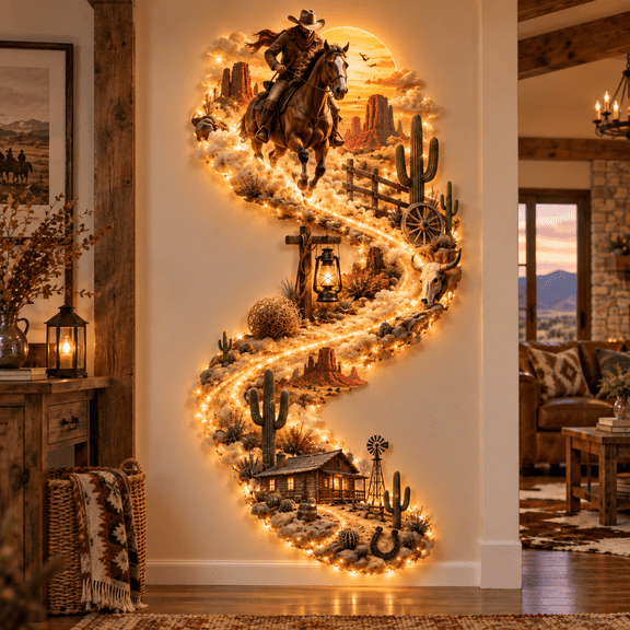 Lighted 15.7IN 2D Iron Wall Art Western Cowboy Riding Horse Desert Scene Wall Lamp Cactus Windmill Cabin for Rustic Farmhouse Wall Ornament